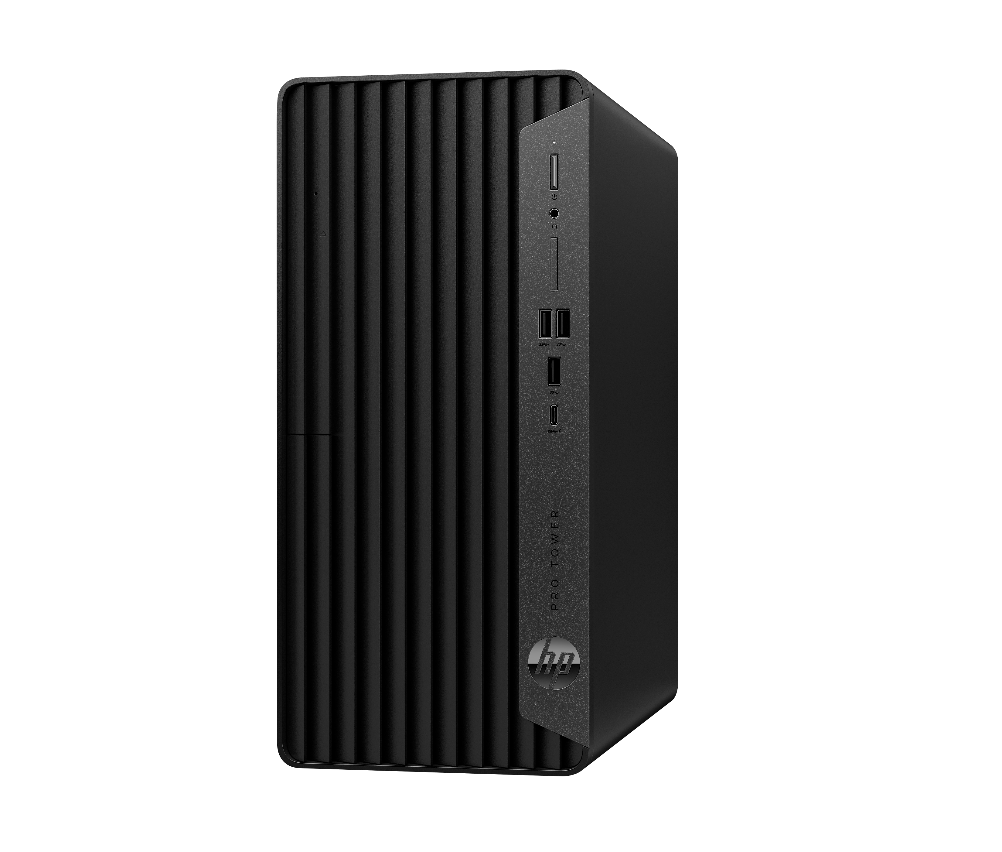 Schwarzer HP Pro Tower PC. Frontplatte mit Anschlüssen. Schwarzer Hintergrund.