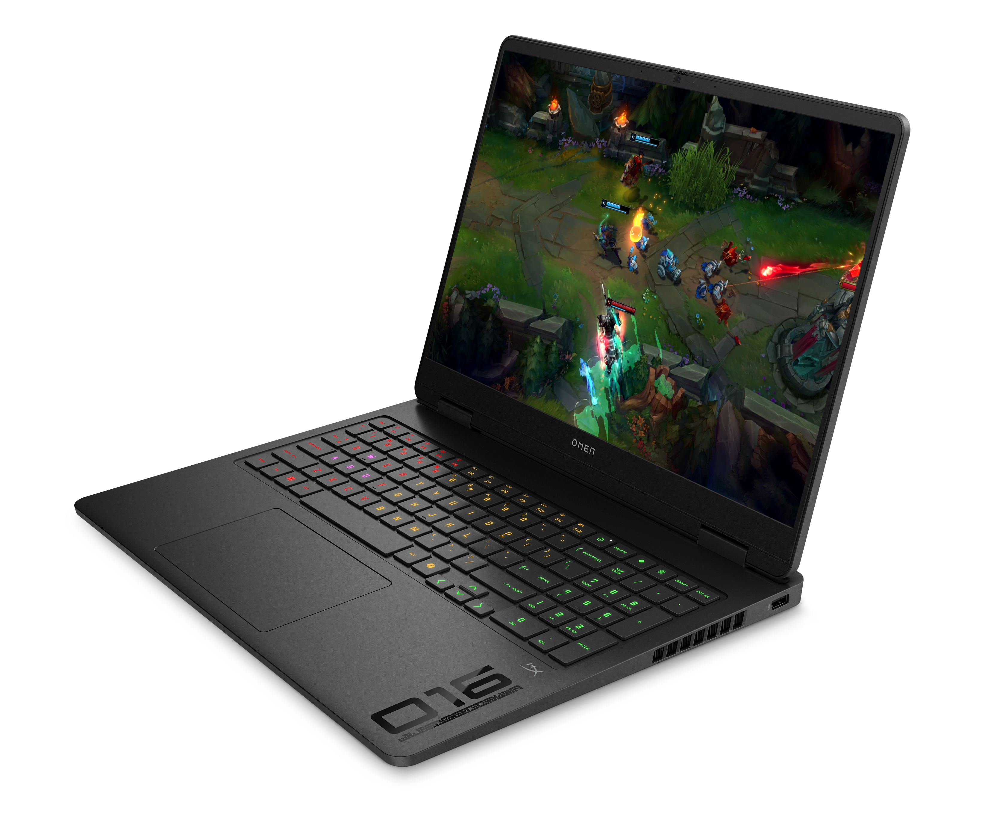 Czarny laptop z sceną gry wideo. Klawiatura widoczna. Logo OMEN na ramce ekranu.