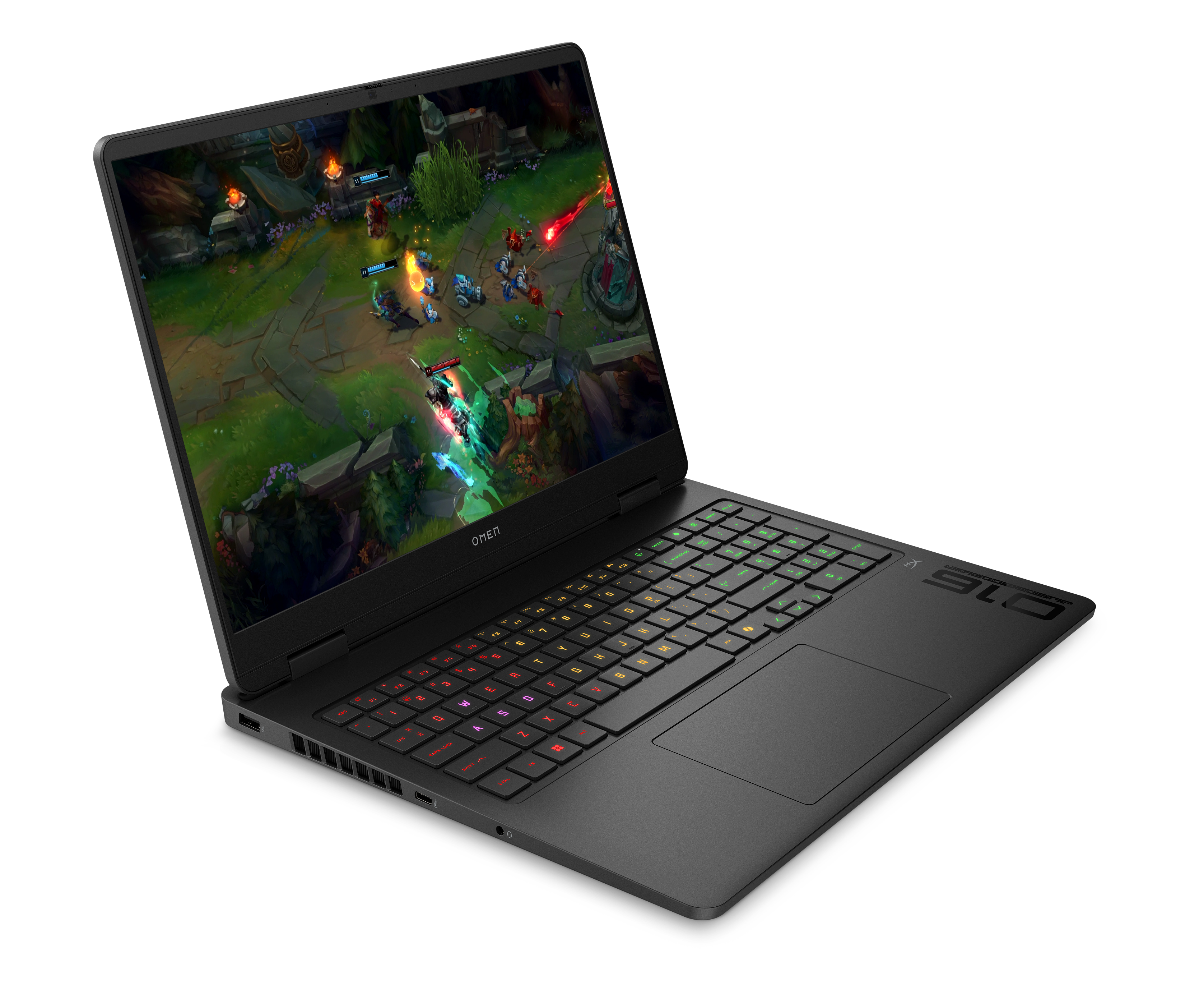 Czarny laptop z grą wideo, z kolorową klawiaturą, na czarnym tle.