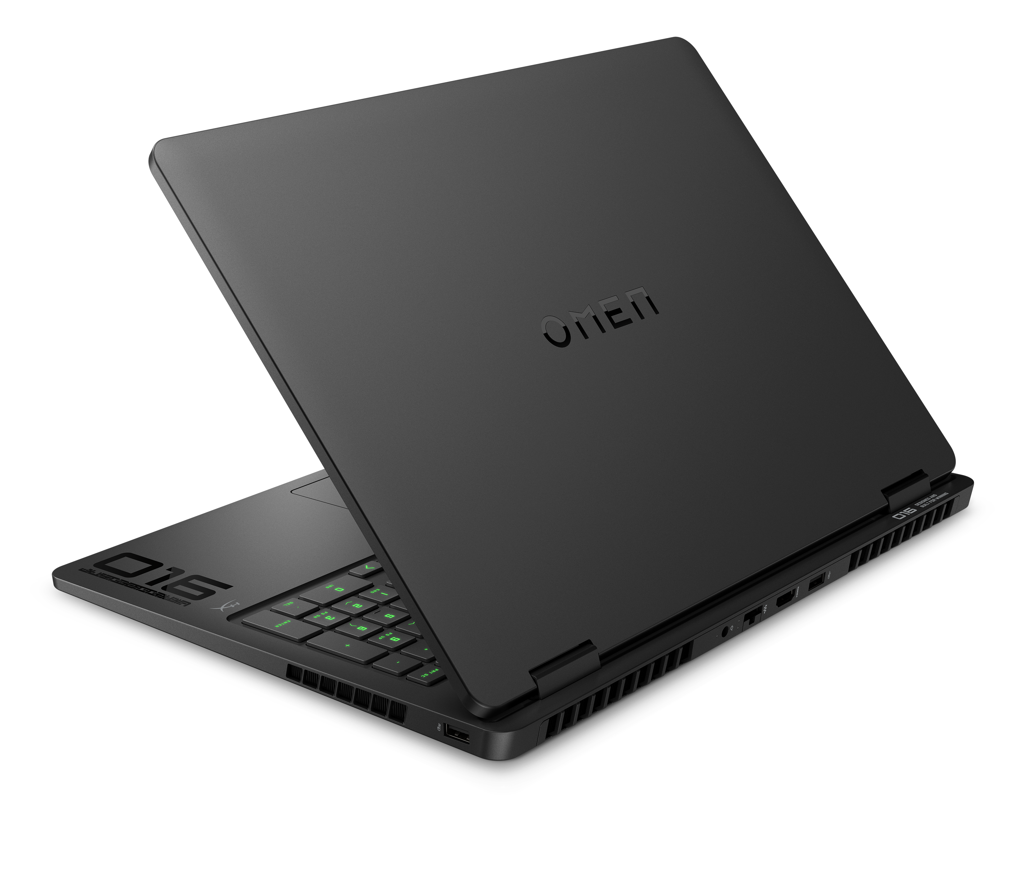 Czarny laptop Omen na czarnym tle. Ekran otwarty, pokazuje klawiaturę i logo Omen.