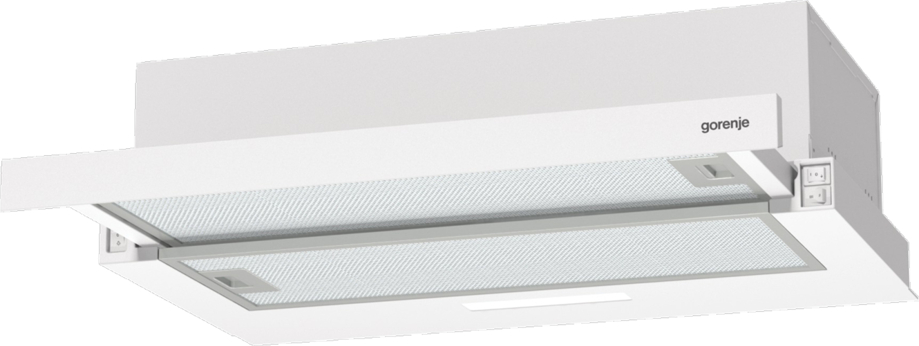 Biały okap kuchenny z marką 'gorenje'. Posiada chowany panel z filtrem siatkowym. Widoczne przyciski zasilania.