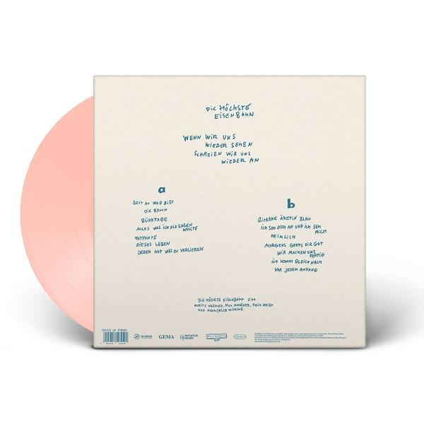 Eine rosa Schallplatte mit weißem Albumcover. Text auf Deutsch und ein A- und B-Tracklist sind sichtbar.
