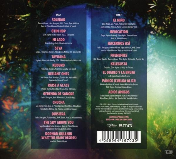 Albumcover mit Songtiteln und Künstlernamen in rosa und weißer Schrift auf grün-blauem Hintergrund.