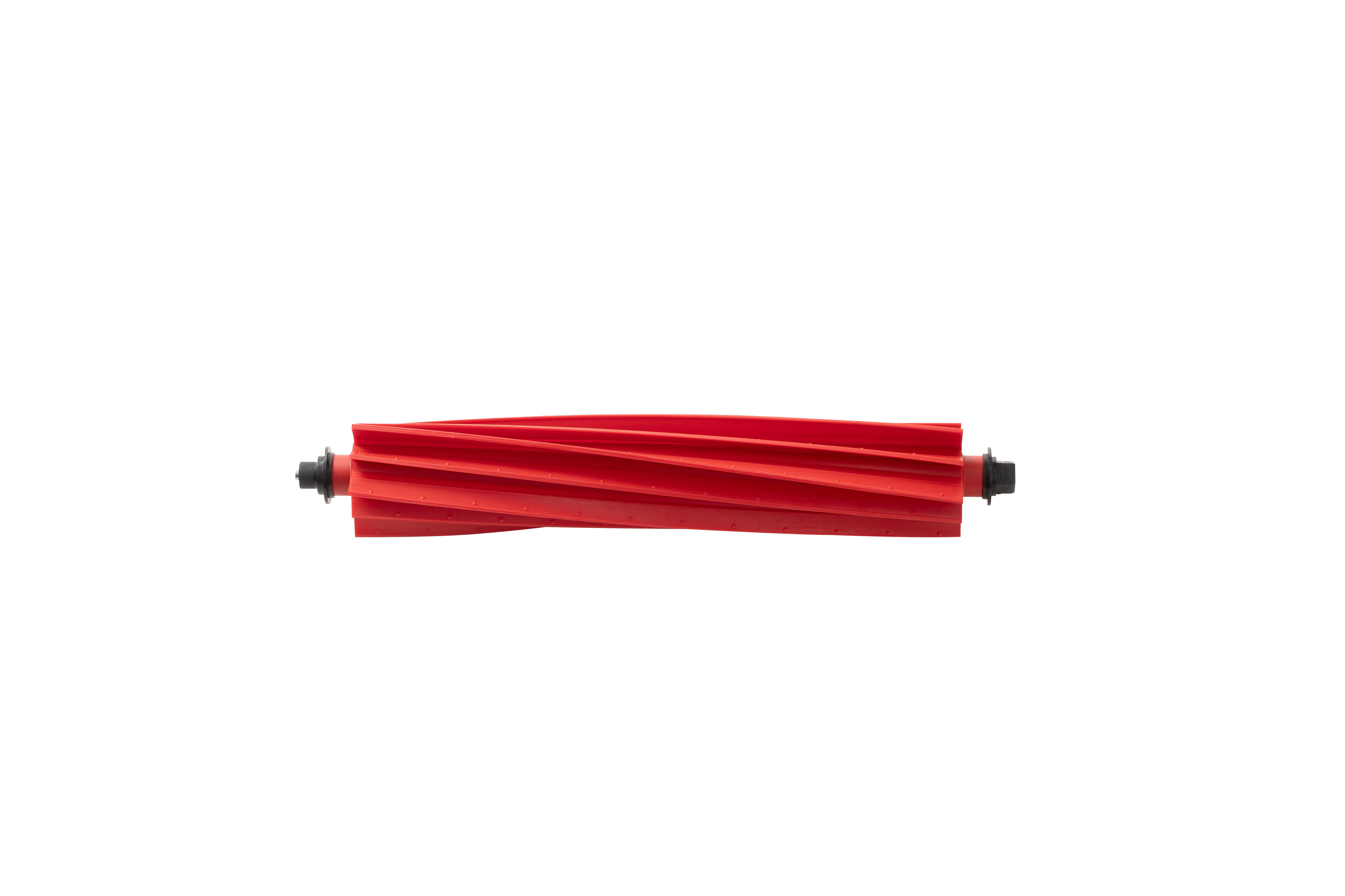 Rote Staubsaugerbürste, zylindrische Form, schwarze Endstücke, auf weißem Hintergrund.