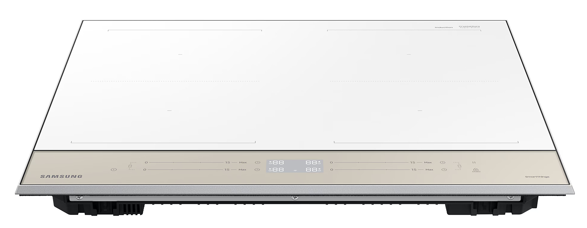 Biała płyta indukcyjna Samsung. Posiada cztery strefy gotowania, beżowy panel sterowania z wyświetlaczami cyfrowymi i srebrną ramką.