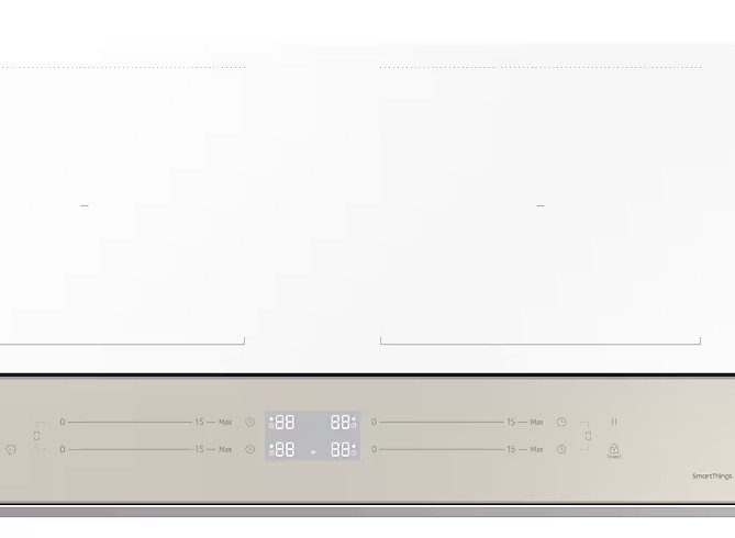 Biała płyta indukcyjna z cyfrowymi wyświetlaczami. Panel sterowania jest beżowy, z elementami dotykowymi i logo SmartThings.