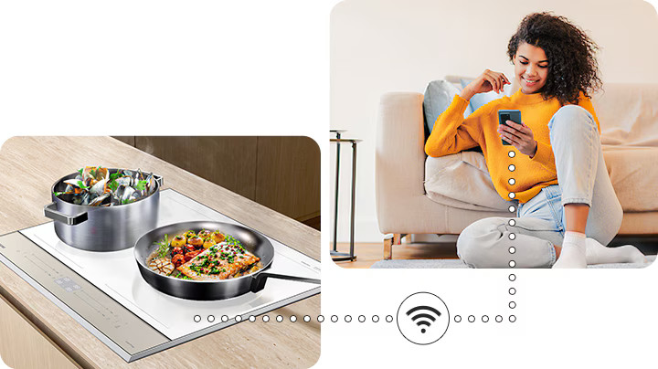 Kobieta używa telefonu obok kanapy. Po lewej stronie kuchenka z dwoma patelniami, na których gotuje się jedzenie. Symbol Wi-Fi łączy obie sceny.