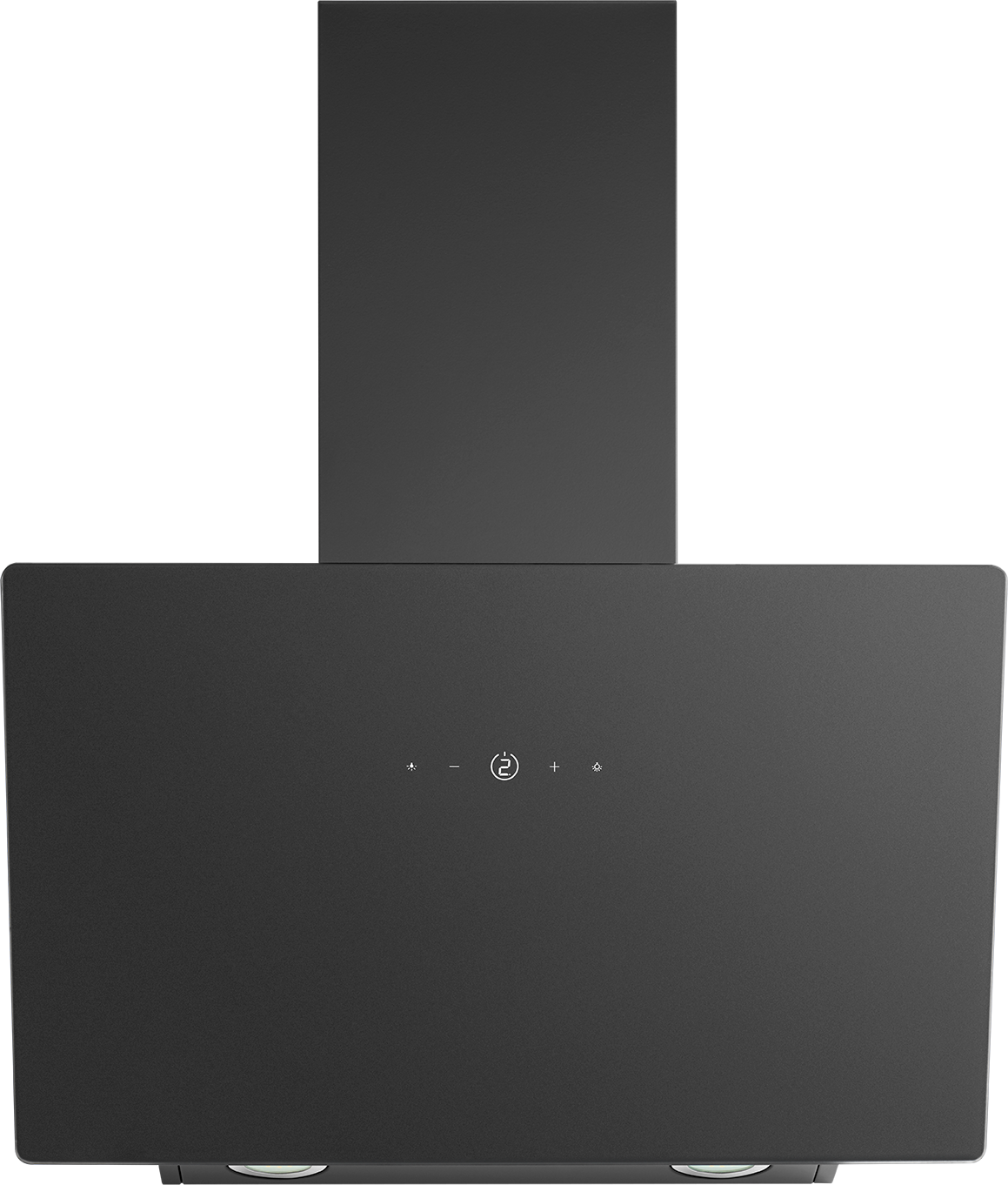 Eine schwarze Dunstabzugshaube mit rechteckigem Design. Sie hat Steuertasten und eine zentrale Anzeige. Der Hintergrund ist weiß.