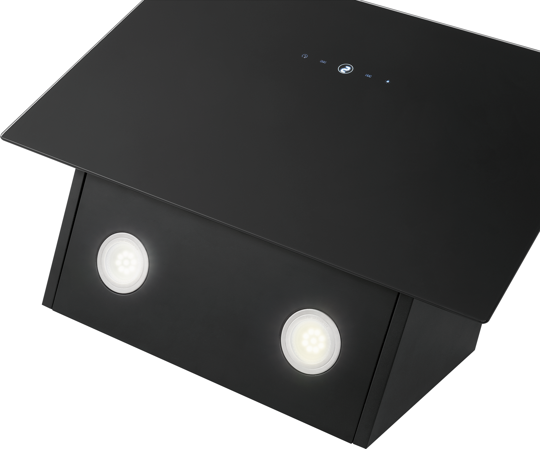 Eine schwarze Dunstabzugshaube mit zwei Lichtern. Die Haube hat Touch-Bedienelemente und ein abgeschrägtes Design.