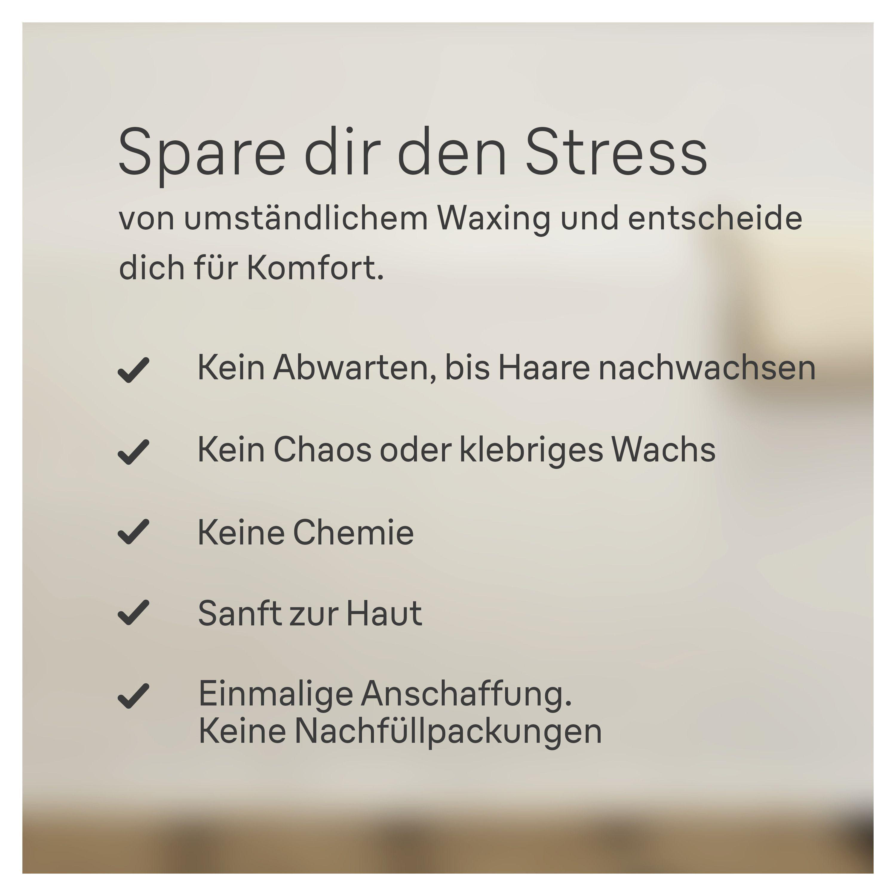 Text auf hellem Hintergrund: 'Spare dir den Stress'. Listet Vorteile auf: kein Warten, kein Chaos, keine Chemikalien, sanft, einmaliger Kauf.