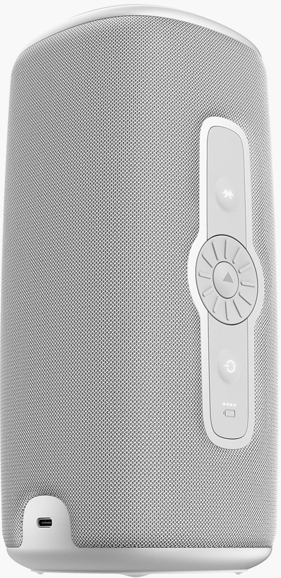 Un haut-parleur blanc et cylindrique avec un tissu en maille. Il possède des boutons de commande et un port USB. Les boutons sont blancs et ont des symboles.