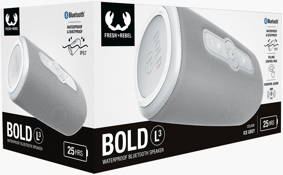 Un haut-parleur Bluetooth étanche gris Bold L3 sur sa boîte. Comprend 25 heures de batterie et un indice IP67.