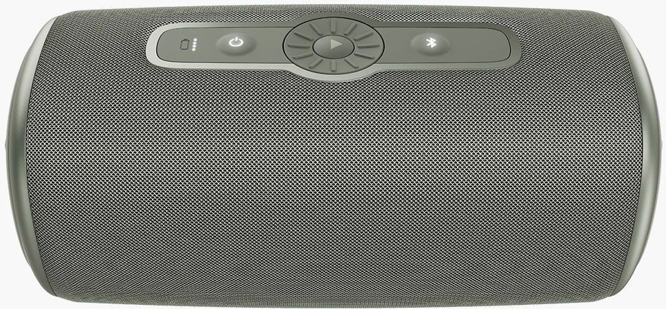 Un haut-parleur gris avec une façade en mesh. Le dessus a des boutons de contrôle : marche/arrêt, lecture/pause et Bluetooth. Bordure argentée.