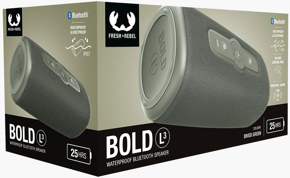 Une boîte présente un haut-parleur Bluetooth étanche Bold L3. Les caractéristiques incluent Bluetooth, IP67 et 25 heures de batterie. La couleur est vert séché.