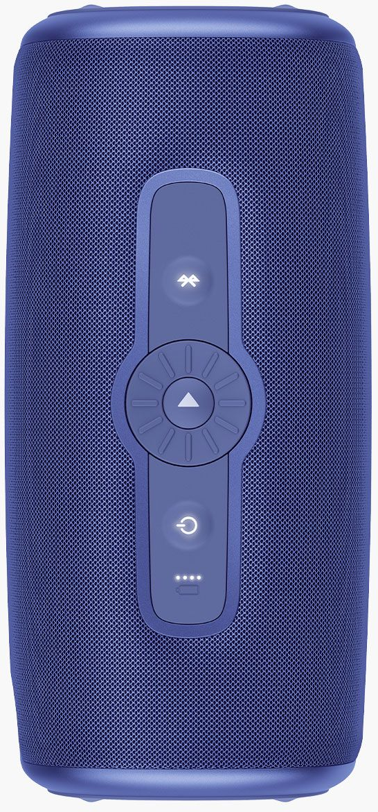 Un haut-parleur bleu avec des boutons de commande. Les boutons incluent Bluetooth, contrôle du volume, alimentation et indicateur de batterie.