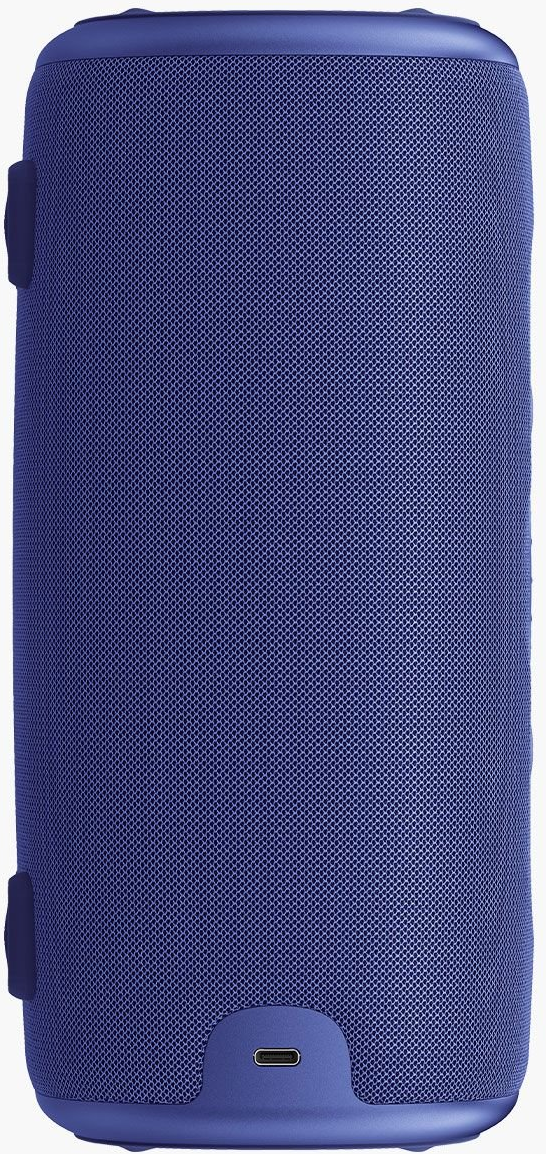 Un haut-parleur cylindrique bleu foncé avec une couverture en tissu maillé. Il a un port de charge et deux poignées latérales.
