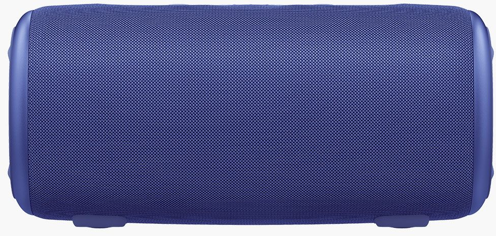 Un haut-parleur cylindrique bleu. Le corps a une texture en maille. Les extrémités sont lisses et arrondies. Il a de petits pieds.