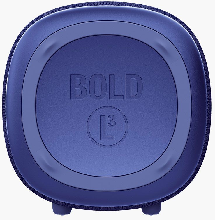 Un haut-parleur bleu avec 'BOLD' et 'L3' imprimés. Le haut-parleur est rond avec une surface texturée et un design circulaire.