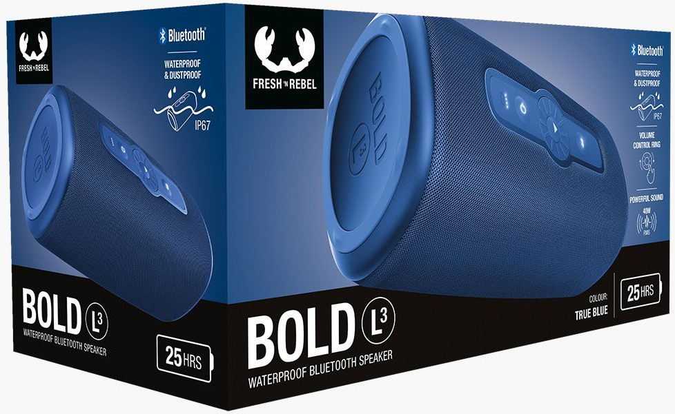 Une enceinte Bluetooth bleue Fresh 'n Rebel Bold L3 étanche. L'emballage met en avant les fonctionnalités et 25h d'autonomie.