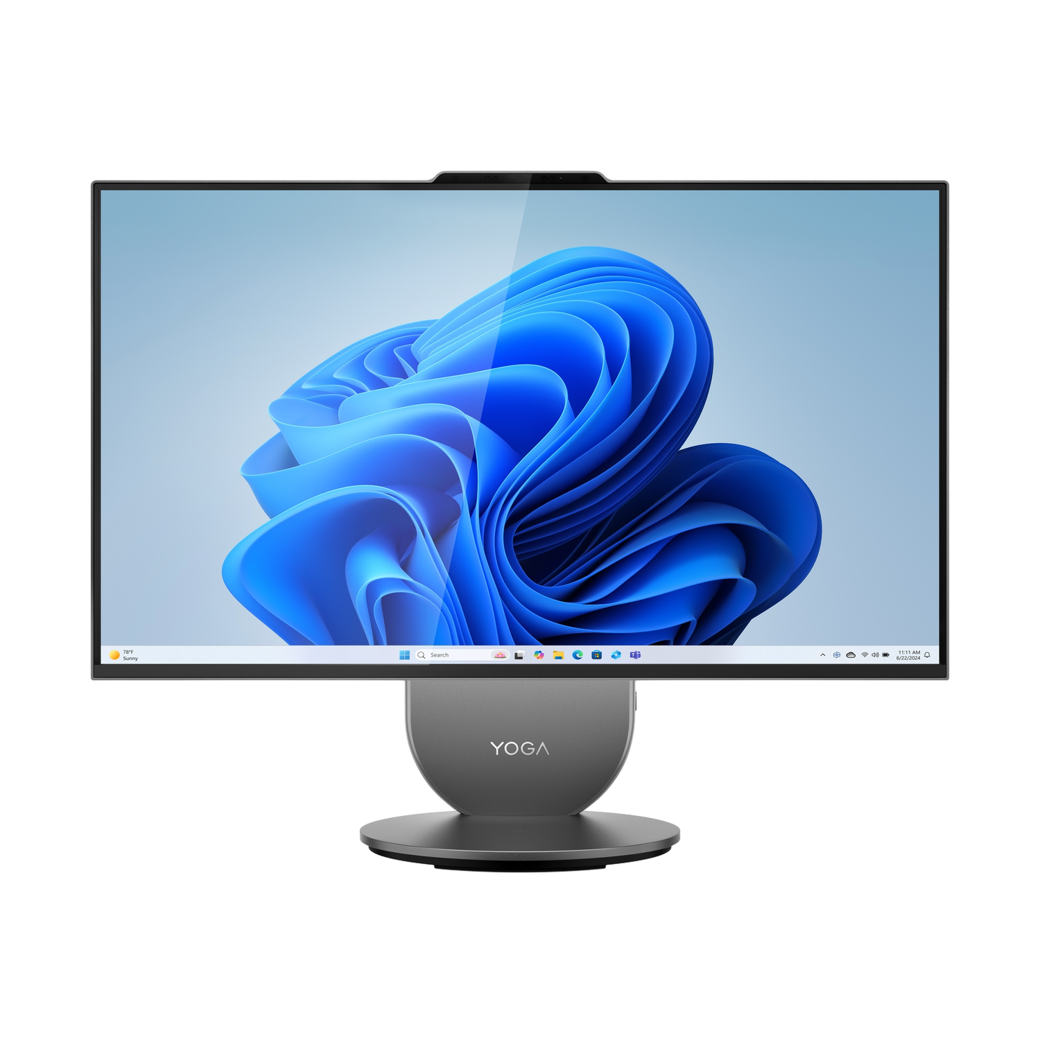 Een grijze Yoga all-in-one desktopcomputer. Het scherm toont blauwe abstracte vormen op een lichtblauwe achtergrond.