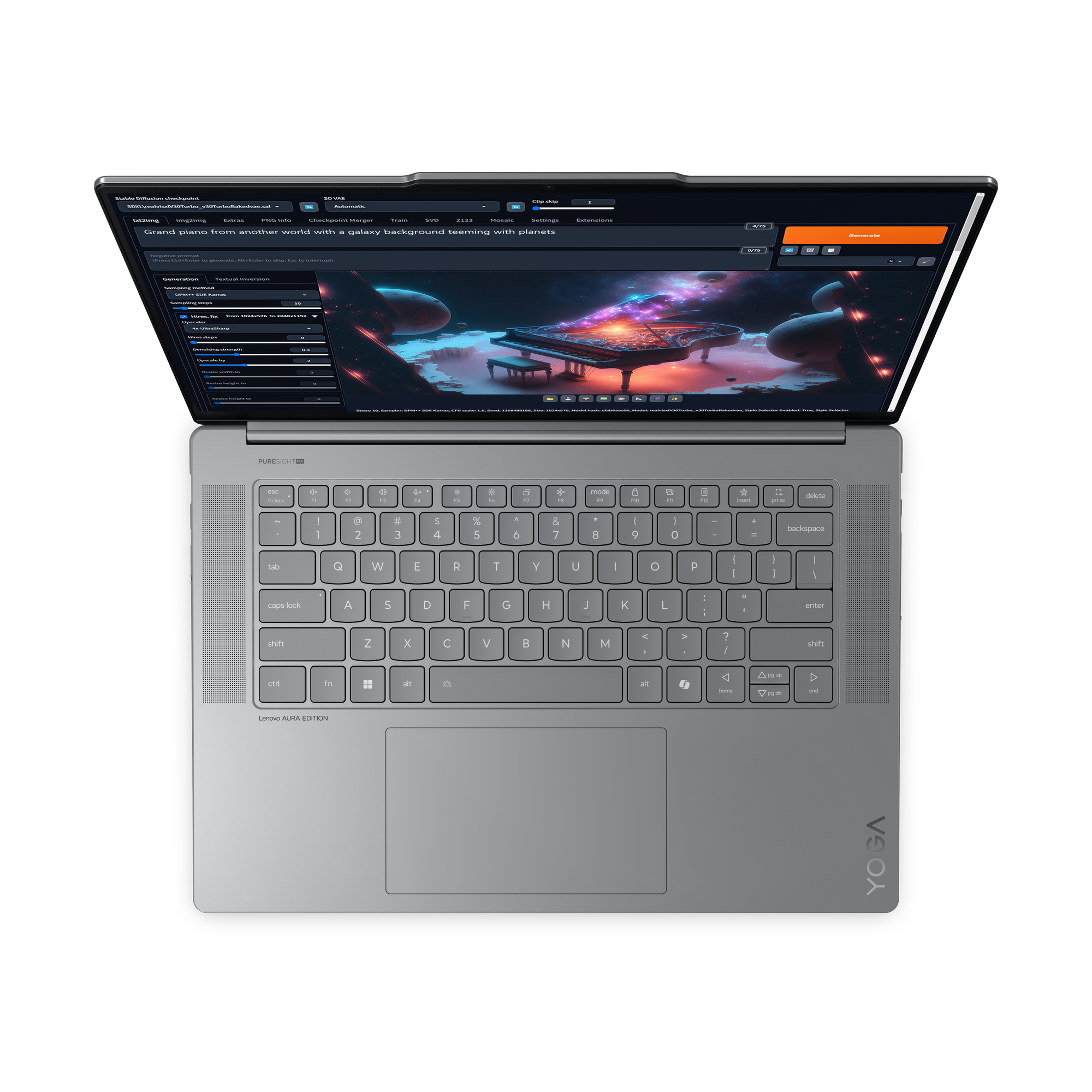 Laptopscherm toont een piano in de ruimte. Toetsenbord zichtbaar. Grijze laptop op zwarte achtergrond.