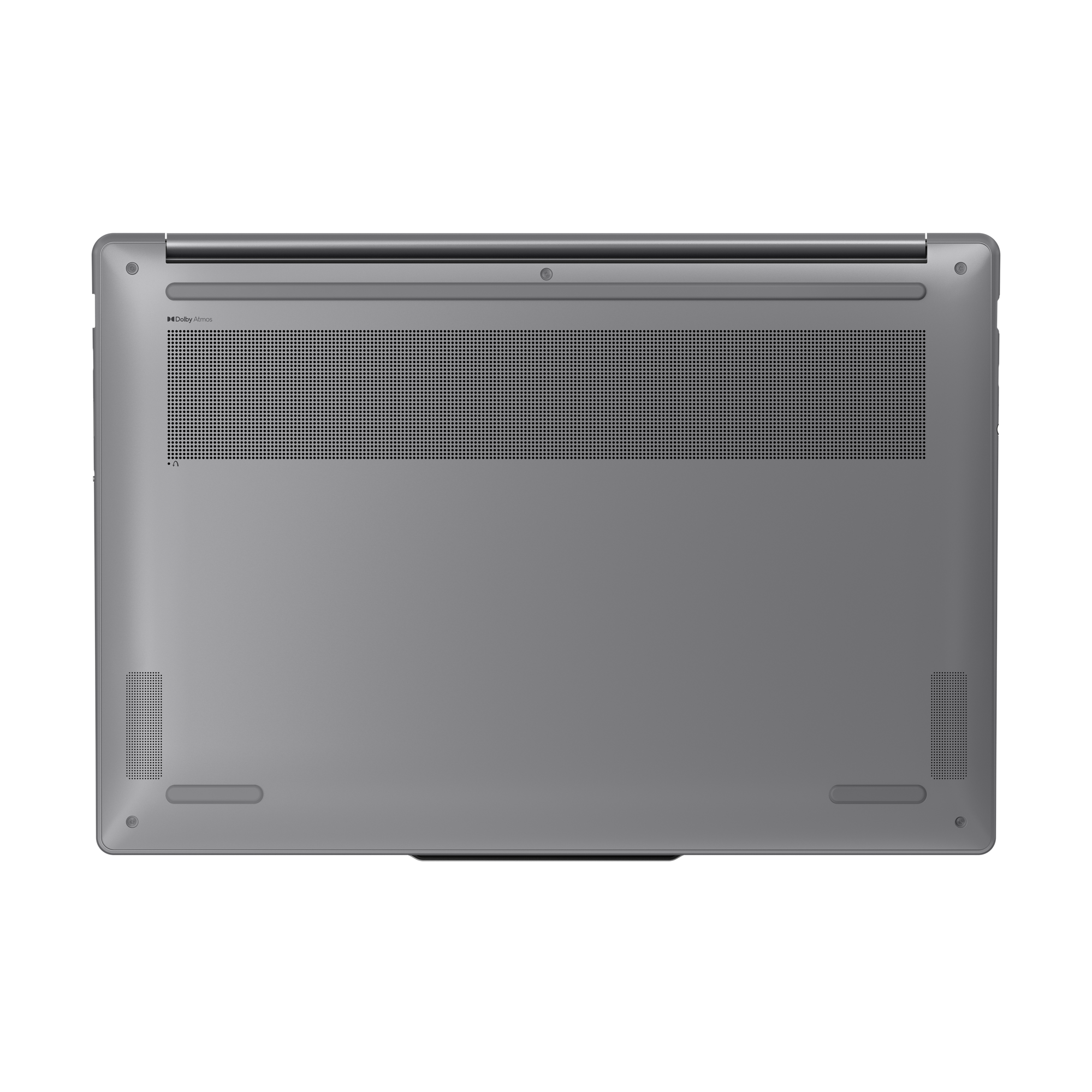 Onderkant van een grijze laptop. Beschikt over luidsprekeropeningen, ventilatiegaten en kleine voetjes. Zwarte achtergrond.