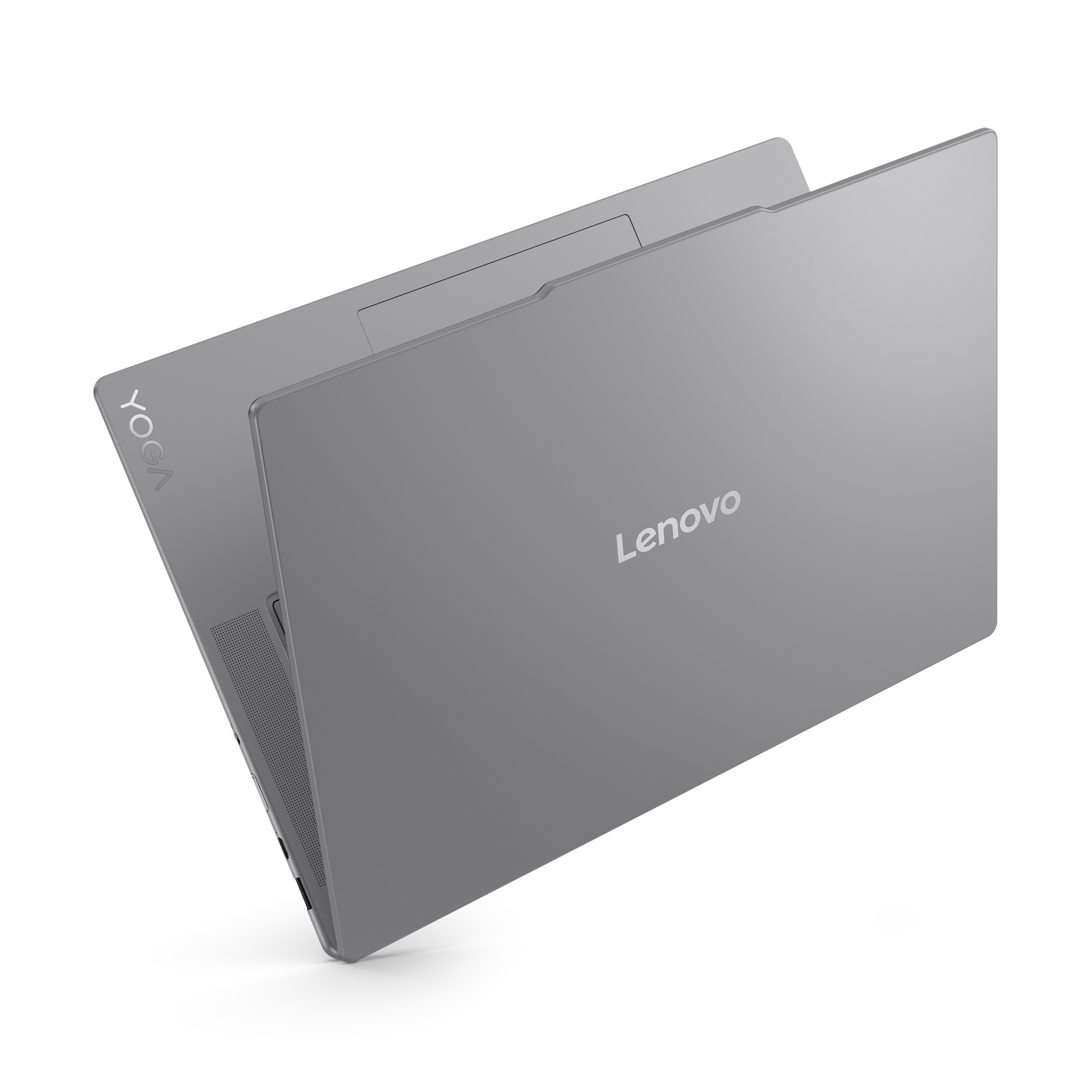 Een grijze Lenovo Yoga laptop, schuin op een zwarte achtergrond. Het Lenovo-logo is zichtbaar. Het woord Yoga staat linksboven.
