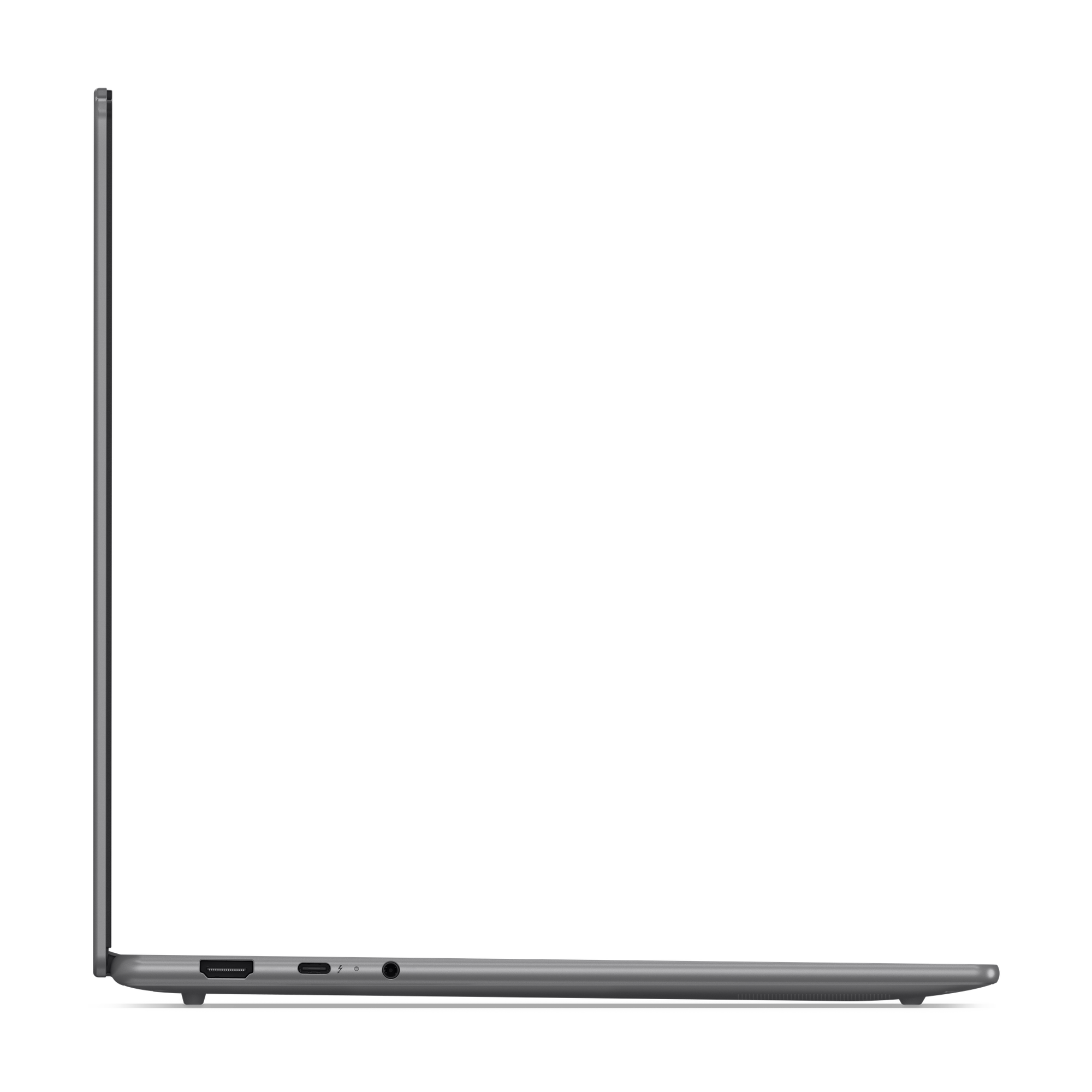 Zijaanzicht van een grijze laptop. Het scherm is open. Poorten zijn zichtbaar aan de zijkant, met een zwarte achtergrond.