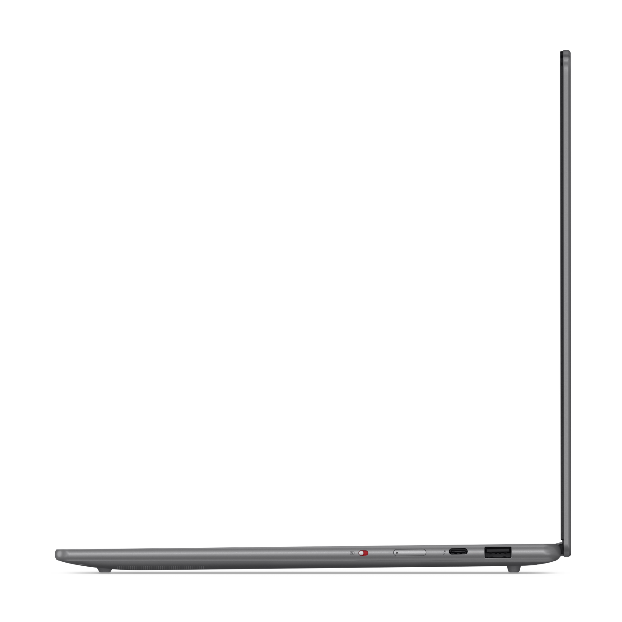 Zijaanzicht van een grijze laptop. Poorten, aan/uit-knop en scherm zijn zichtbaar. Achtergrond is zwart.