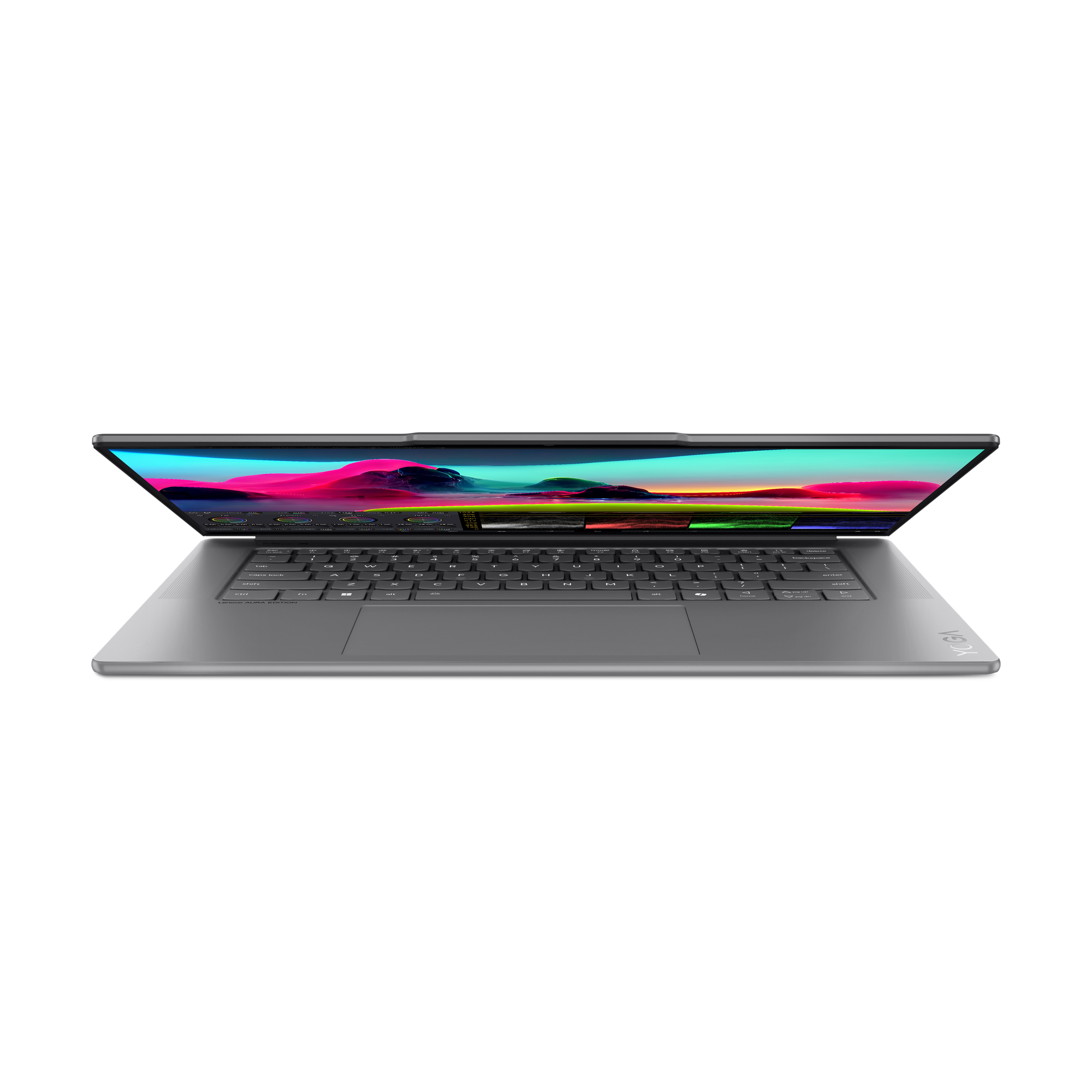 Laptop met open scherm met kleurrijke graphics, toetsenbord zichtbaar. Zilverkleur, zwarte achtergrond.