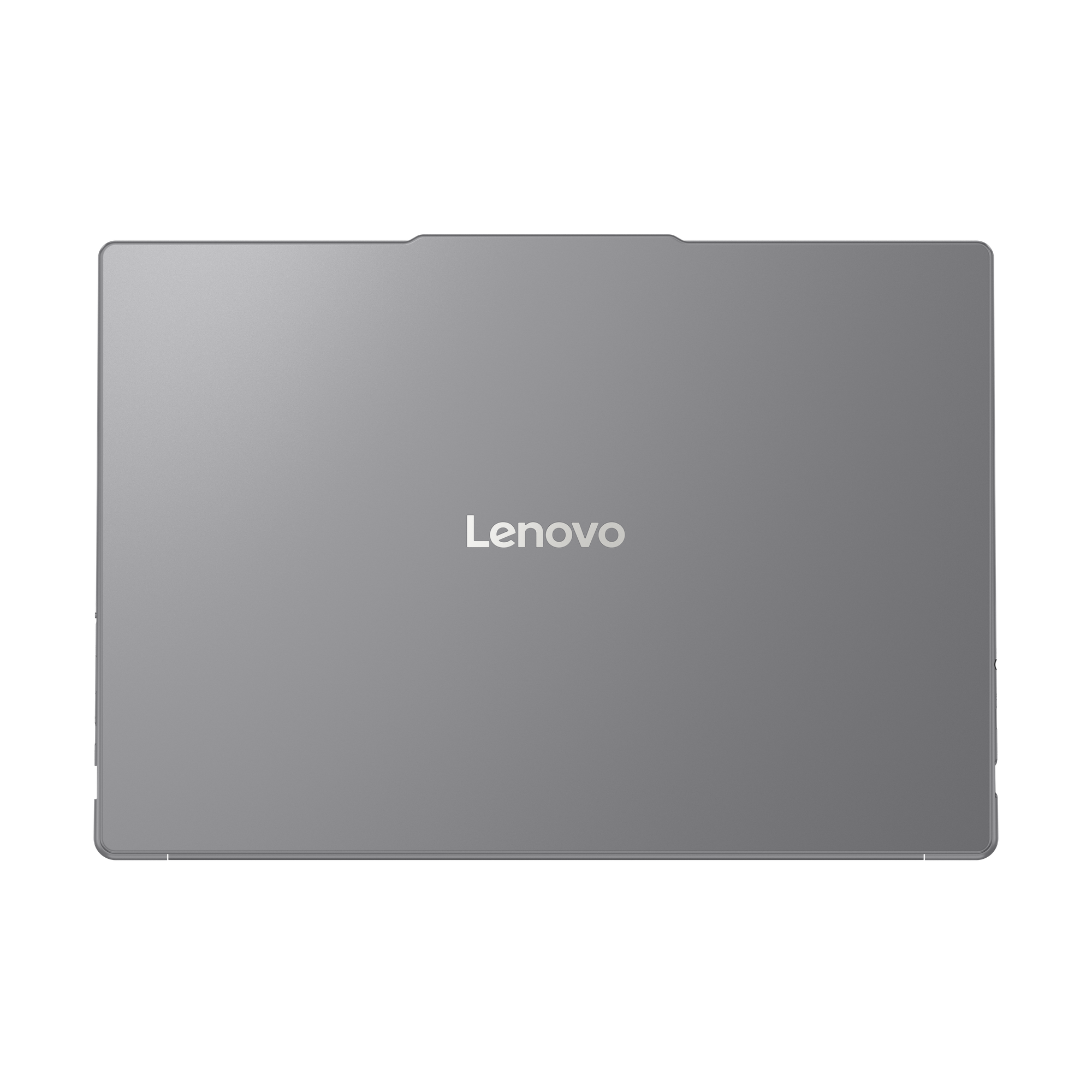 Een grijze Lenovo-laptop op een zwarte achtergrond. Het Lenovo-logo staat in het midden.