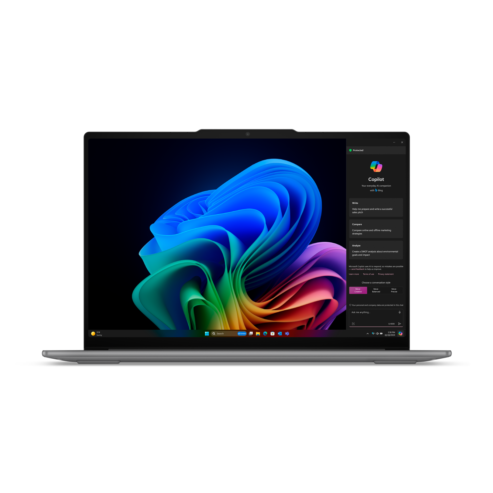 Laptop met Copilot-interface. Kleurrijke achtergrond en venster met opties. Weerinfo en tijd onderaan.