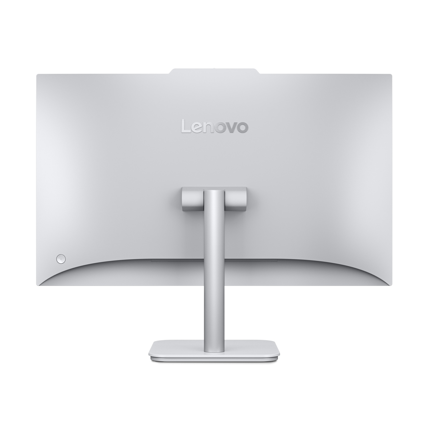 Un moniteur Lenovo blanc vu de dos. Il a un pied et un bouton d'alimentation. Le logo Lenovo est visible.