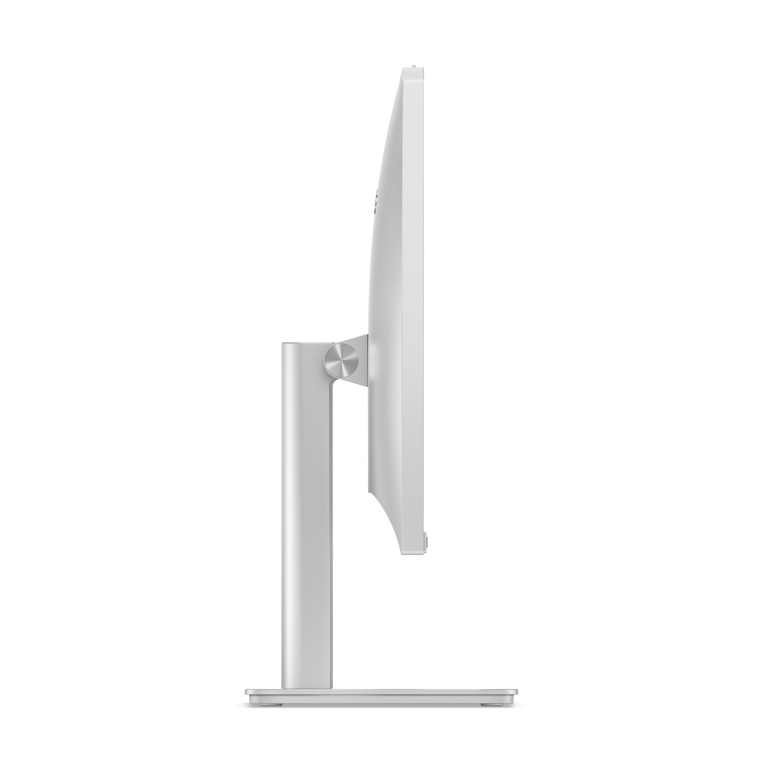 Vue latérale d'un écran d'ordinateur argenté. Il a une fine lunette, un support et un joint circulaire. Le fond est blanc.