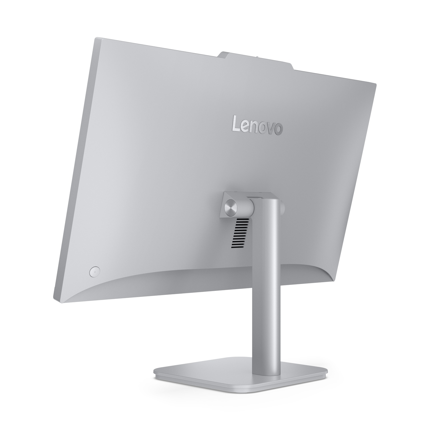 Vue arrière d'un moniteur Lenovo argenté. Il possède un pied, le logo Lenovo et un bouton d'alimentation. Le fond est blanc.