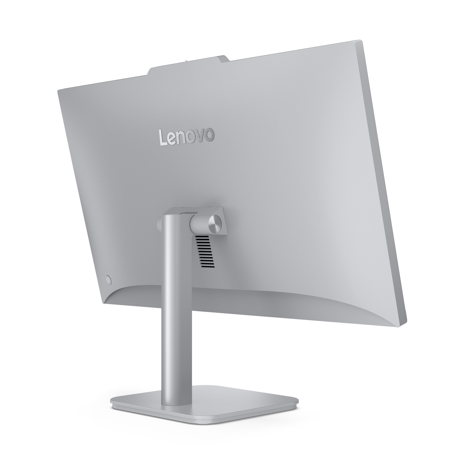 Un moniteur Lenovo argenté vu de dos. Le moniteur est sur un support avec une base carrée. Le logo Lenovo est visible.