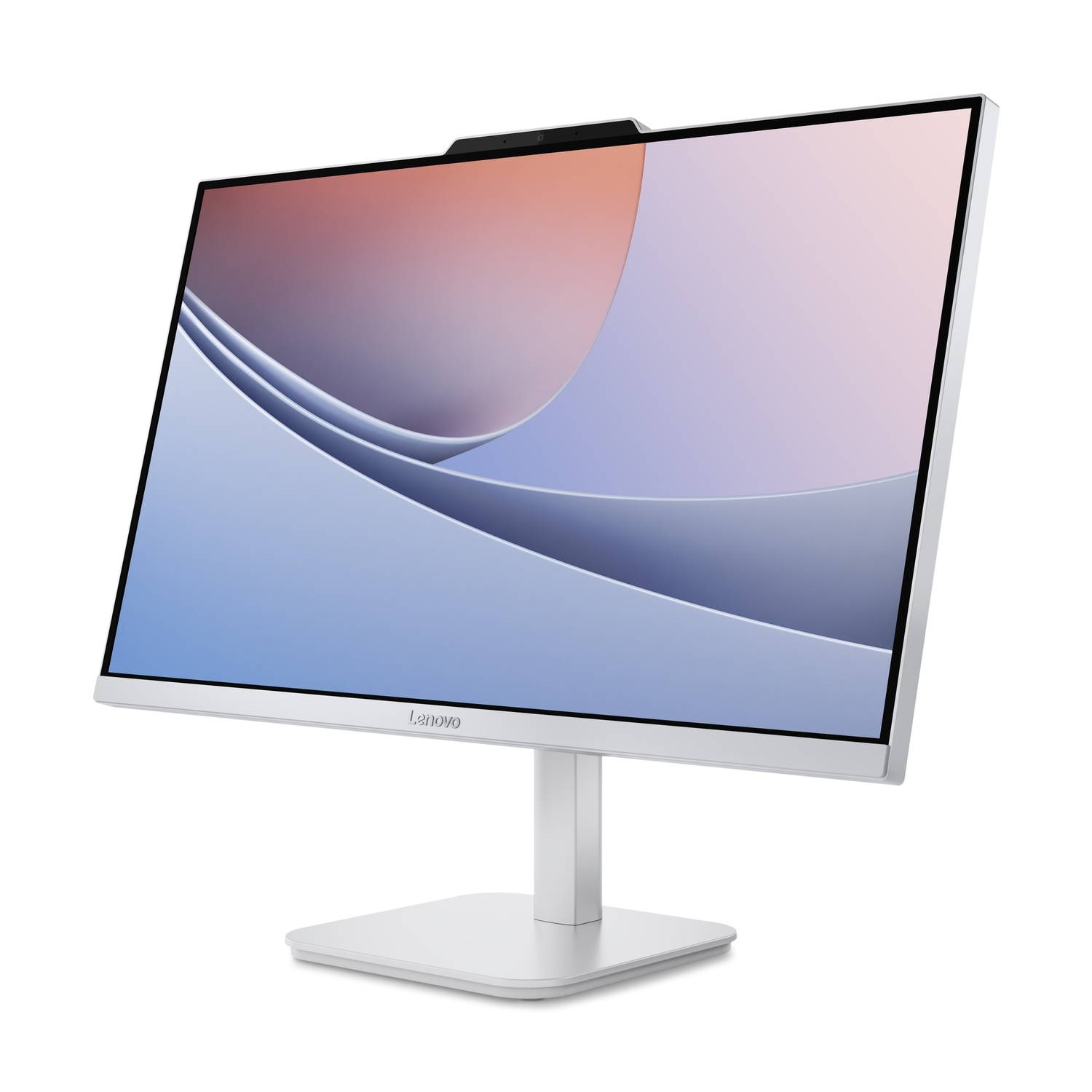 Un moniteur Lenovo blanc avec un écran incurvé affichant un dégradé bleu et rose. Il possède une webcam en haut et un support blanc.