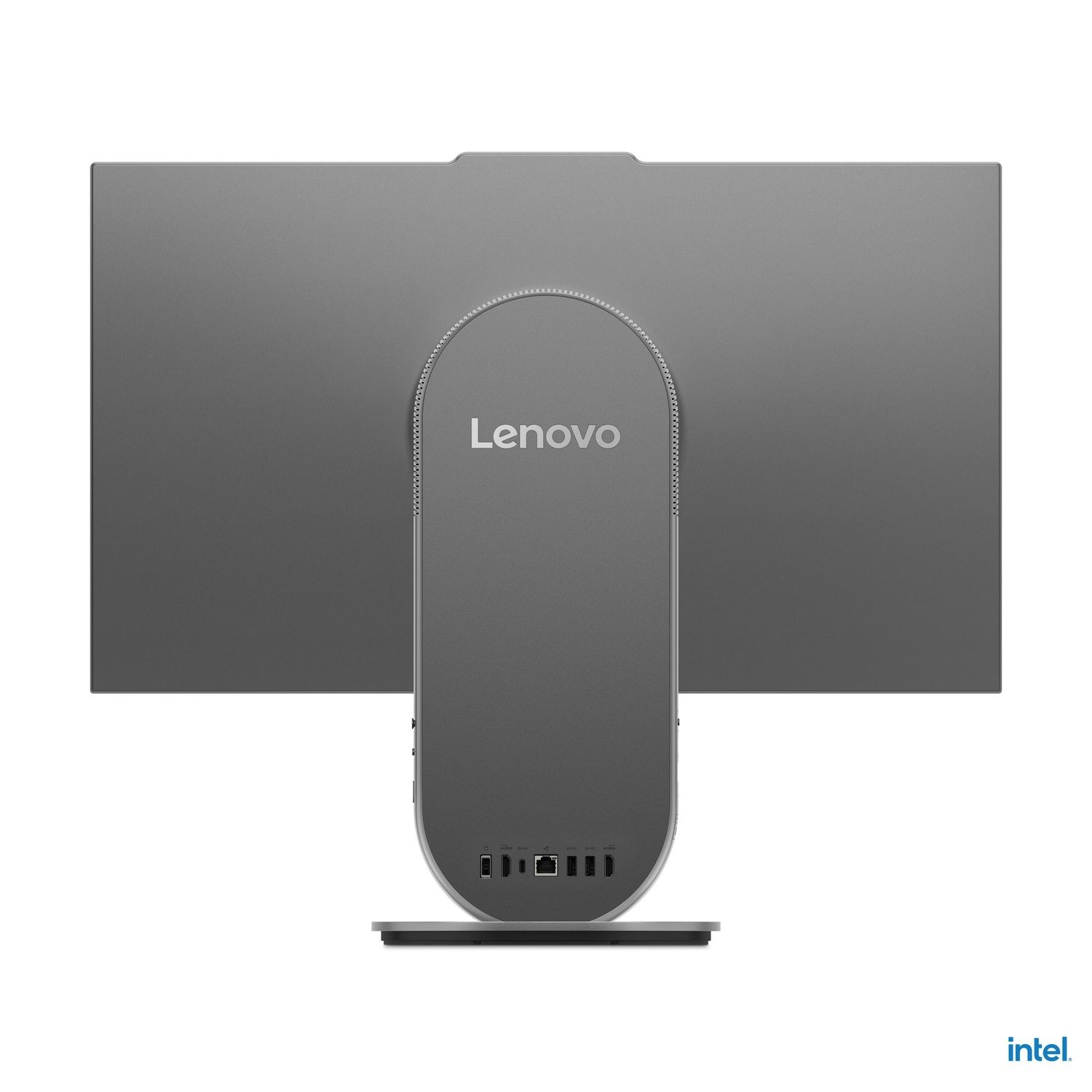 Vue arrière d'un ordinateur de bureau Lenovo tout-en-un gris. Le support, les ports et le logo Intel sont visibles.