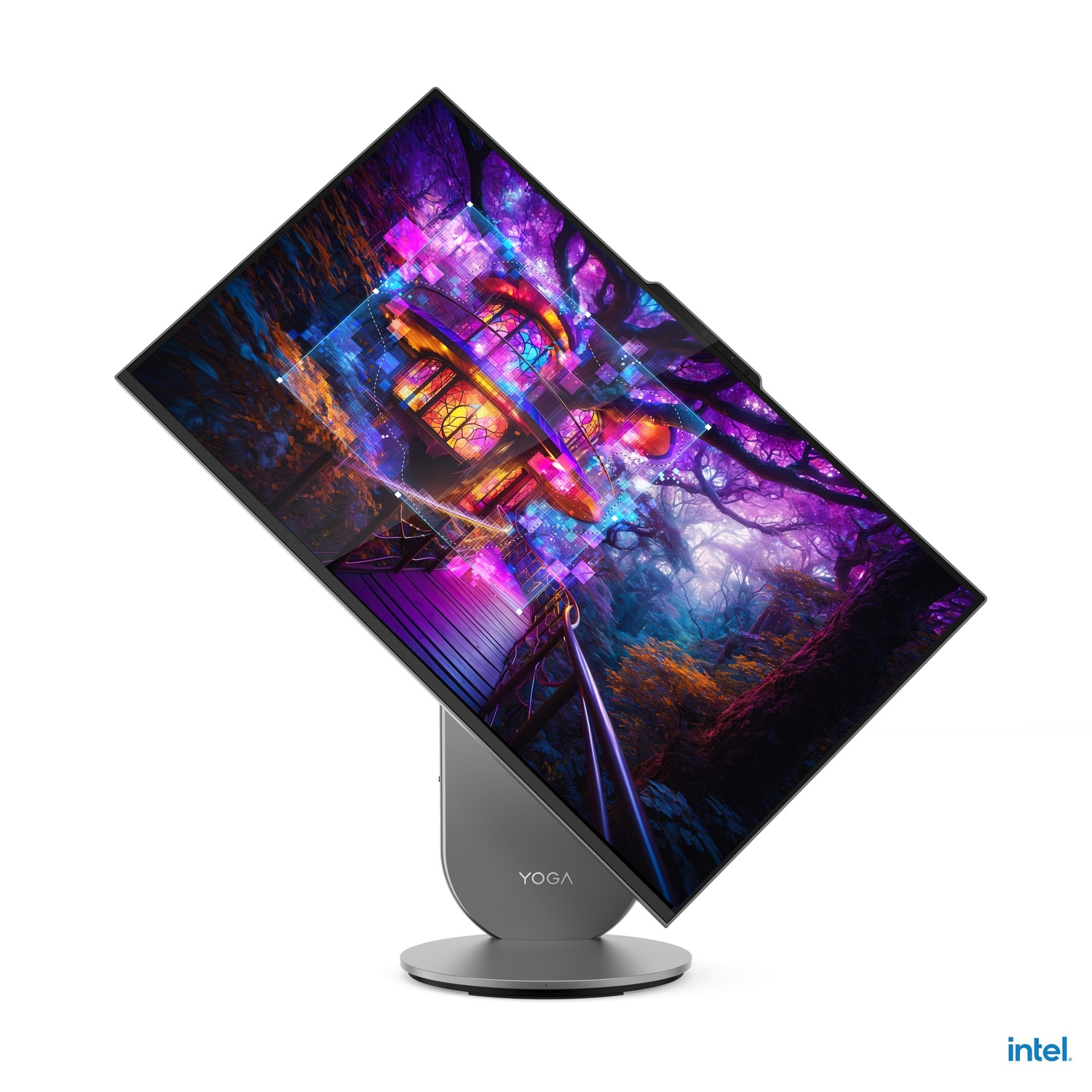 Un écran incliné affiche une scène de forêt colorée. Le support est gris, avec le mot 'YOGA'. Le logo Intel est dans le coin.
