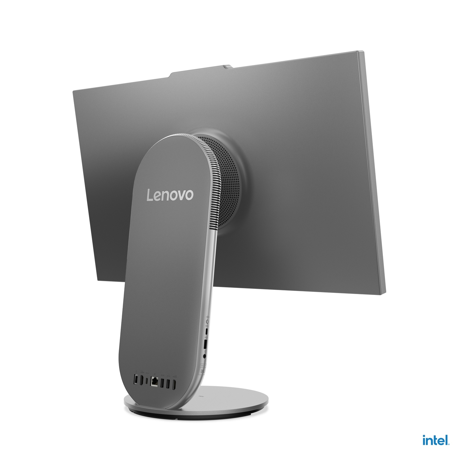 Vue arrière d'un ordinateur Lenovo tout-en-un gris. L'écran est incliné, révélant le pied et les ports.