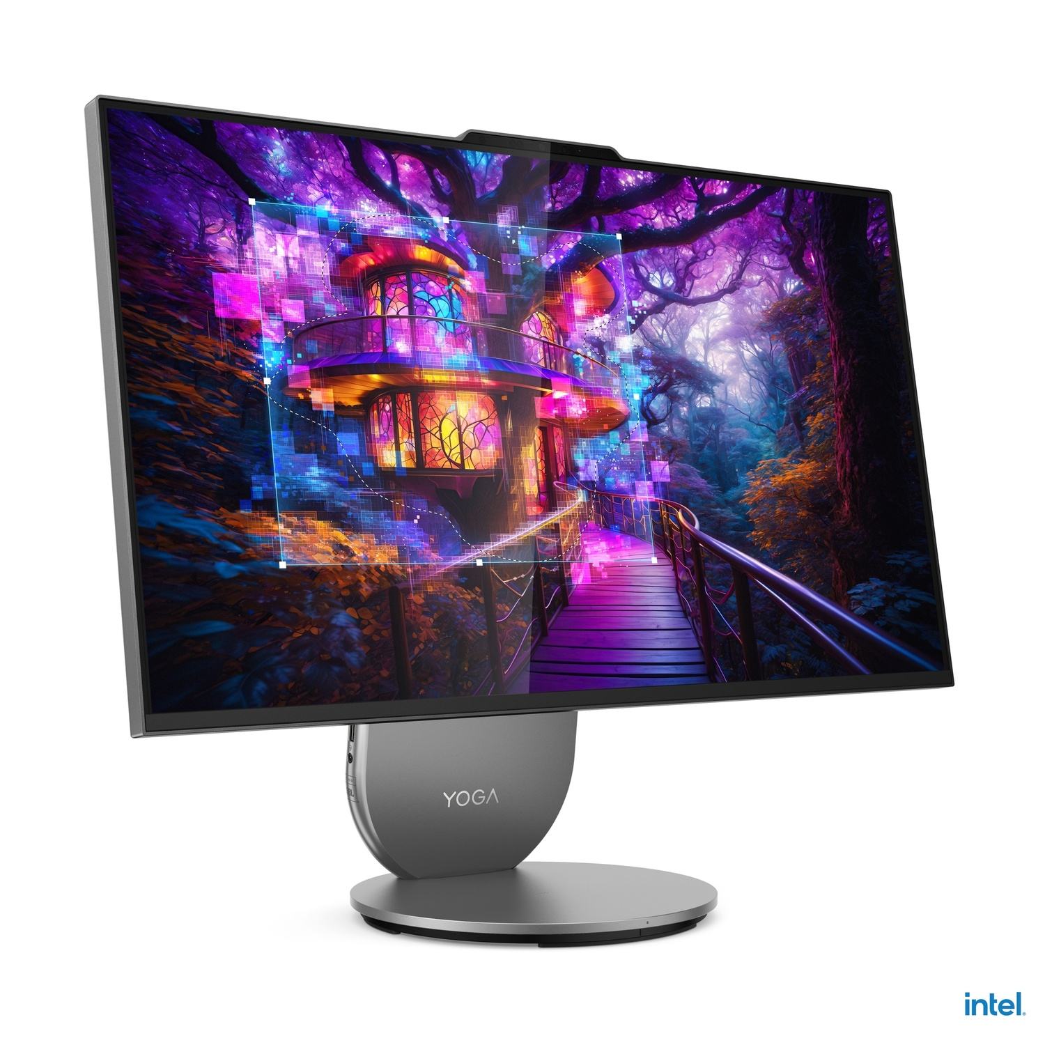 Un moniteur Lenovo Yoga affiche une scène fantastique colorée d'une cabane dans les arbres dans une forêt. Le moniteur est gris.