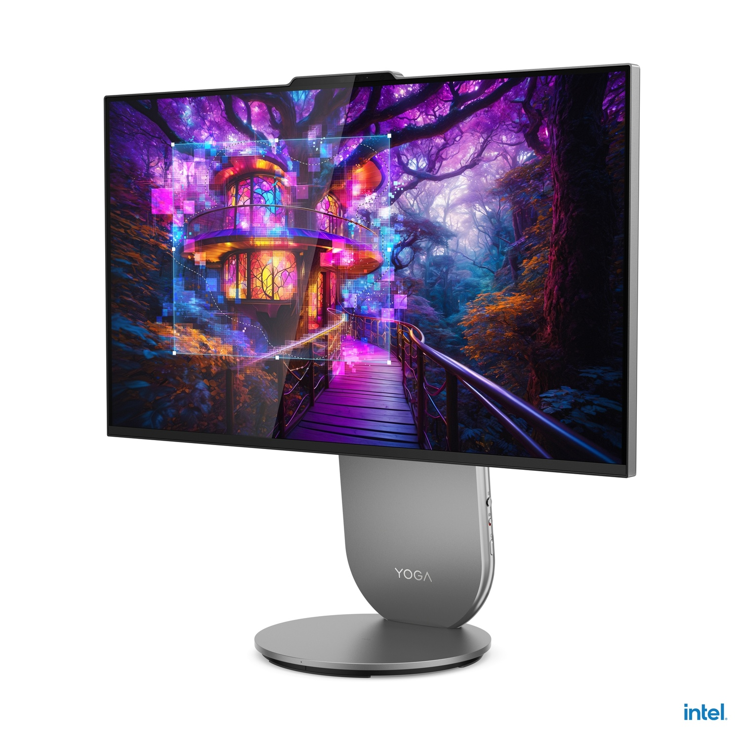 Een computermonitor toont een kleurrijke scène van een gebouw in een bos. De monitor heeft een zilveren voet en een webcam bovenaan.