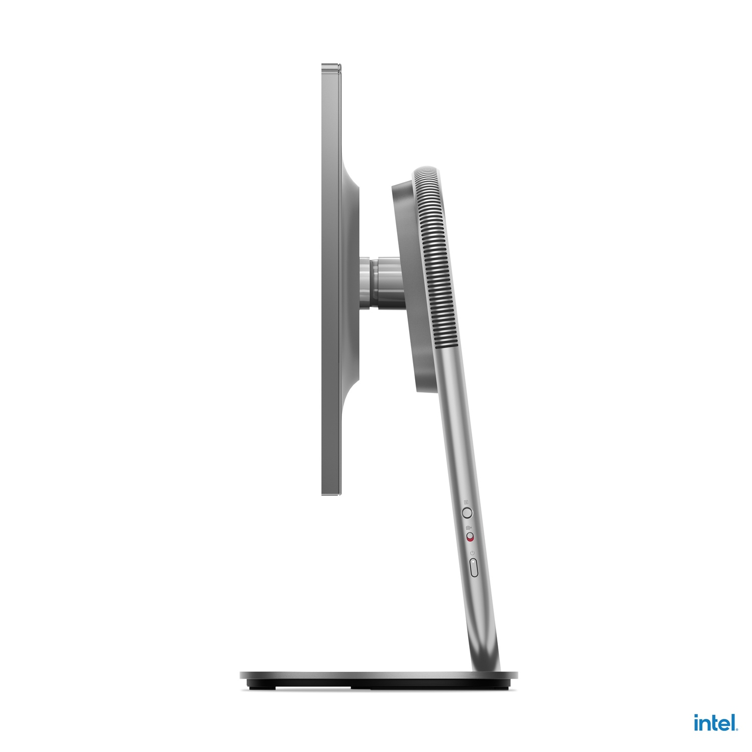 Zijaanzicht van een zilveren computermonitor met een standaard. Er zitten knoppen op de standaard. Het Intel-logo staat onderaan.