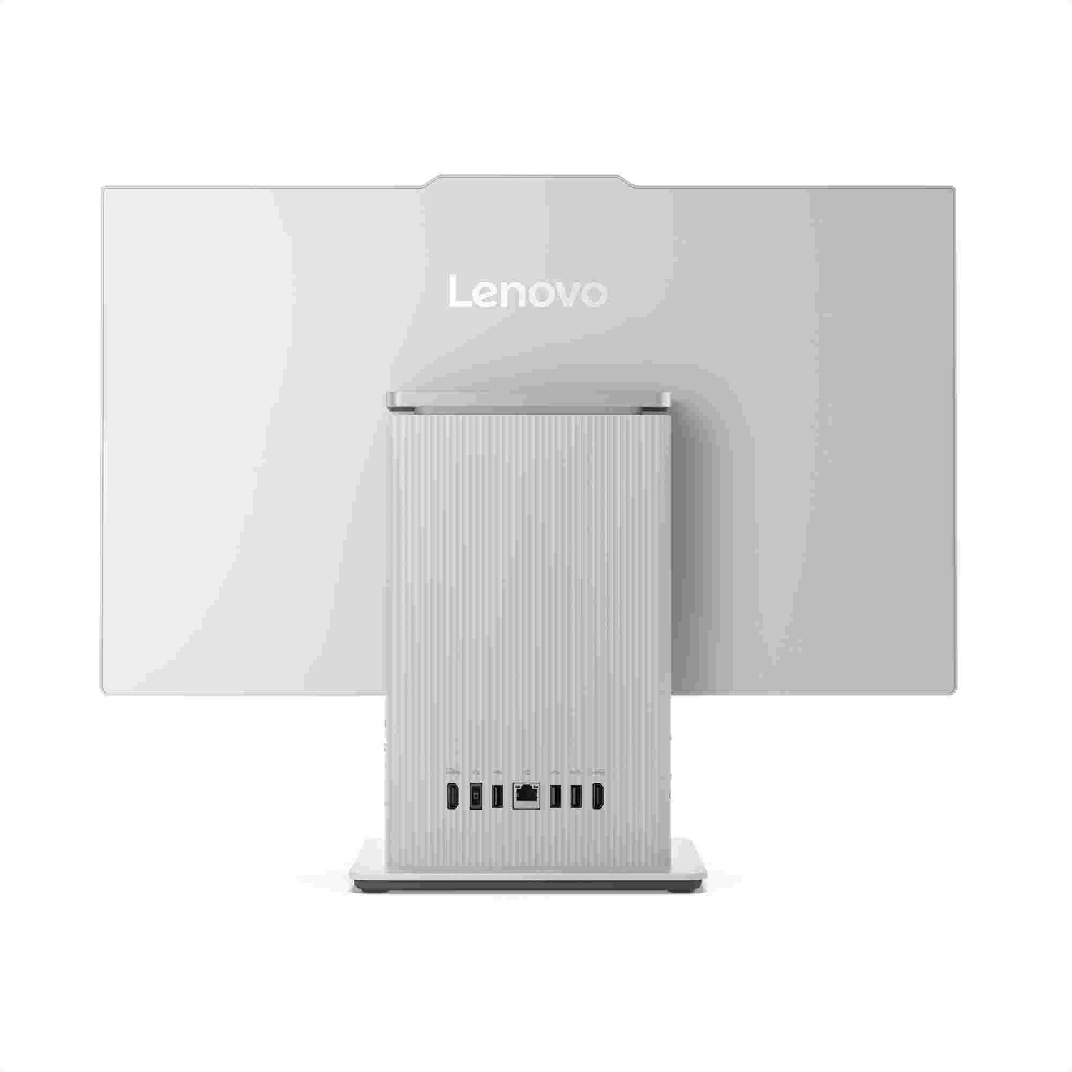 Een witte Lenovo all-in-one computer. De achterkant toont een groot scherm met het Lenovo-logo, een verticale standaard en poorten.