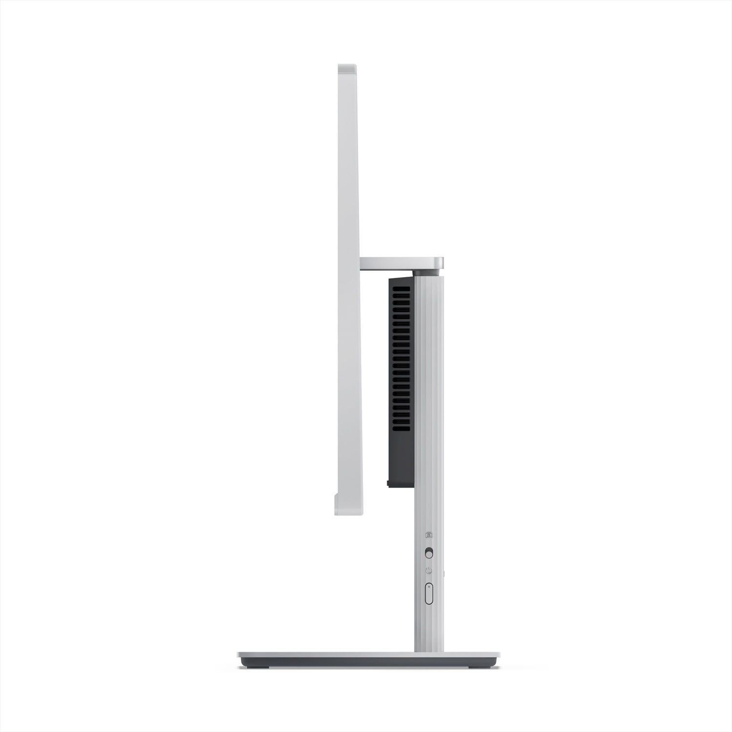 Zijaanzicht van een moderne witte computermonitor met een zwart onderdeel aan de achterkant en een grijze standaard.