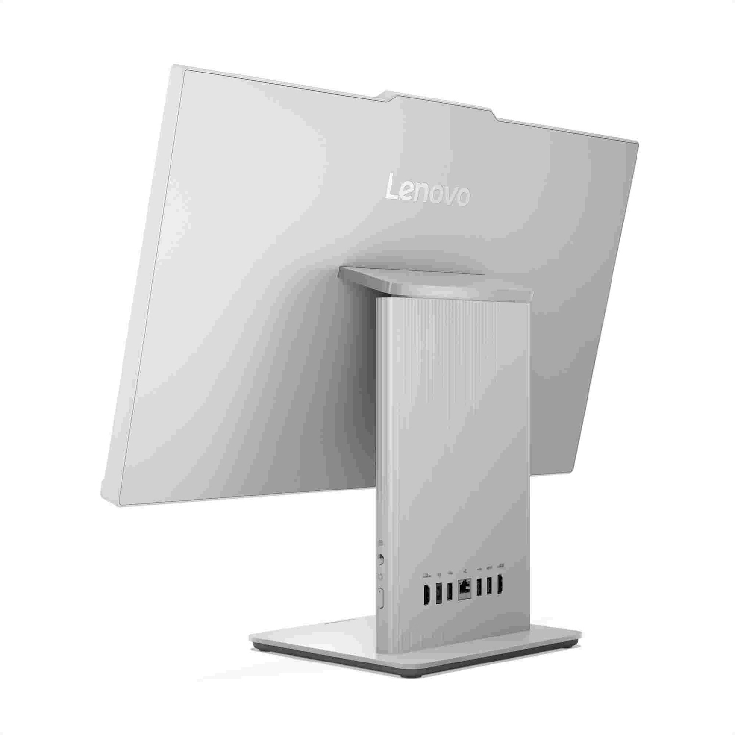 Achteraanzicht van een Lenovo all-in-one computer. Het scherm is lichtgrijs, met het Lenovo logo. De standaard en basis zijn ook lichtgrijs.