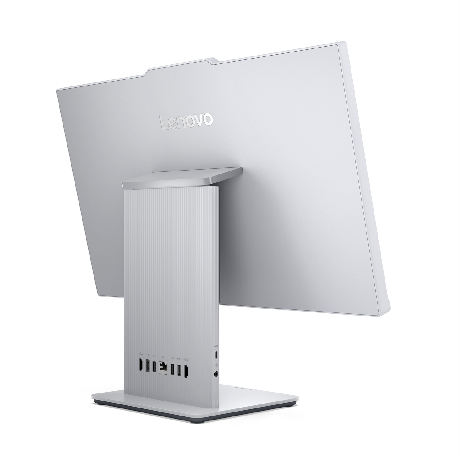 Een zilveren Lenovo all-in-one computer. De achterkant is zichtbaar en toont het scherm, de standaard en de poorten. Het Lenovo-logo staat op het scherm.