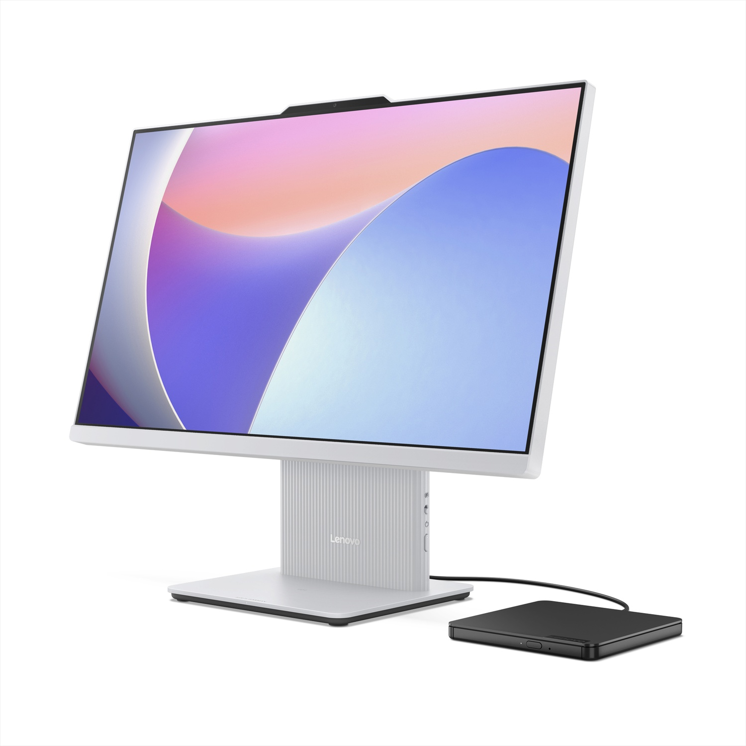 Een witte Lenovo all-in-one computer. Het scherm toont een kleurrijk abstract ontwerp. Een zwarte externe drive eronder.