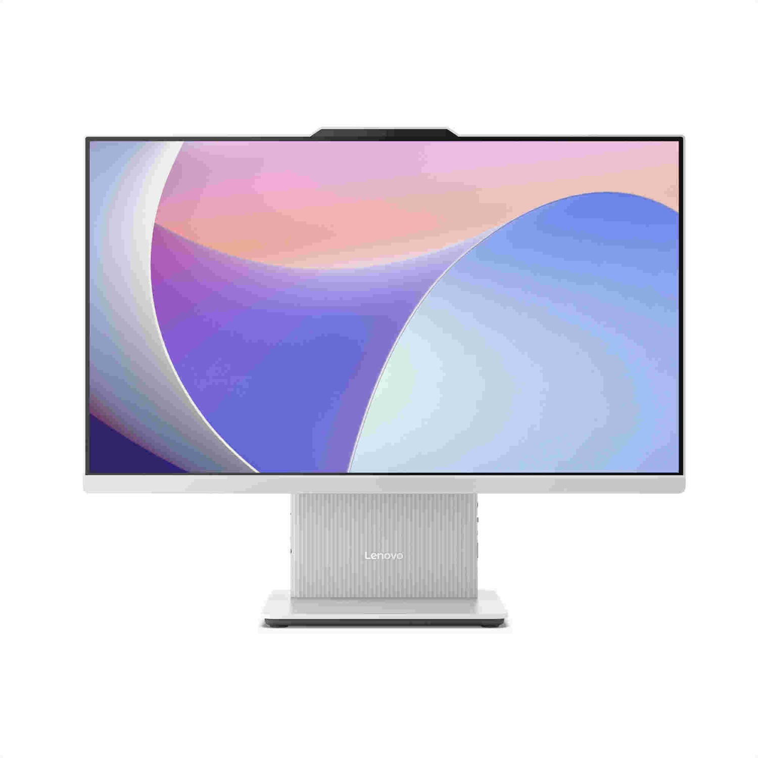 Een Lenovo all-in-one computer. Het scherm toont een kleurrijke abstracte afbeelding. De basis is grijs met het Lenovo-logo.