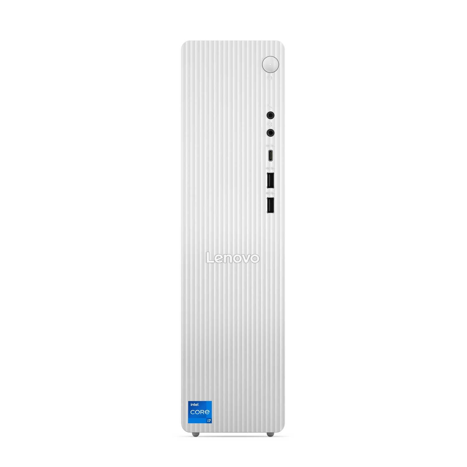 Een witte Lenovo desktopcomputer. Het heeft een verticaal ontwerp met een getextureerde voorkant. Intel Core i7 sticker onderaan.